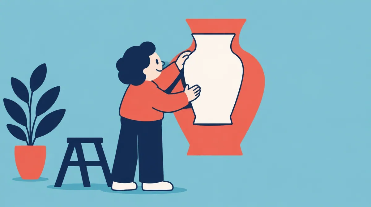 A flat vector character placing a small poster beside a matching shape on a wall