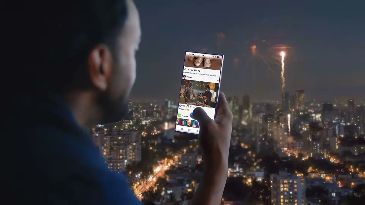 A phone held up to a festive skyline with an Instagram feed open on it, the scroll device from the Crocs Feel It All film