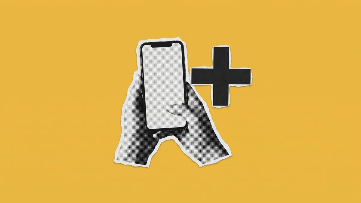 A halftone cut-paper collage of a pair of hands holding a smartphone beside a bold plus sign on a flat yellow background