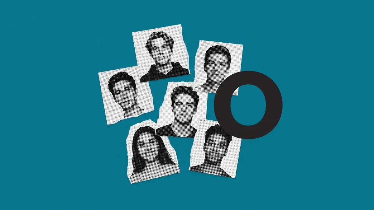 A halftone cut-paper collage of six torn portrait fragments of young people scattered beside a bold circle on a flat teal background
