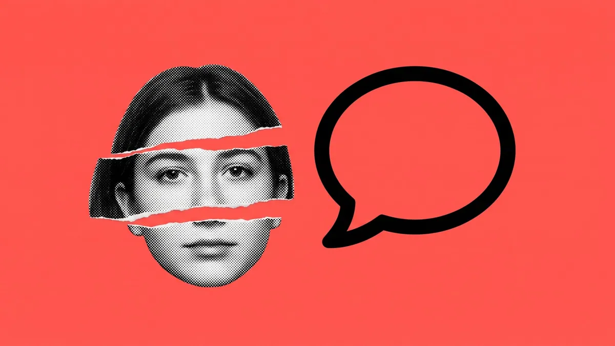 A halftone cut-paper collage of a young person's face sliced into offset bands beside a bold empty speech bubble on a flat coral background