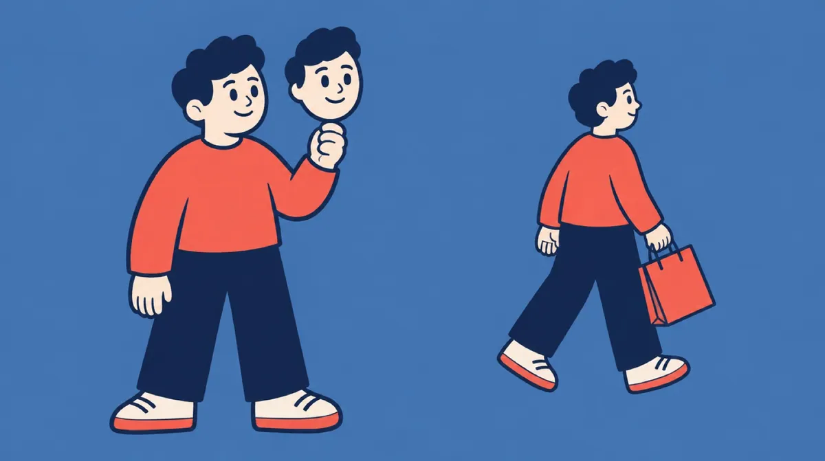 A flat vector character holding up a mask of their own face while a copy of it walks away