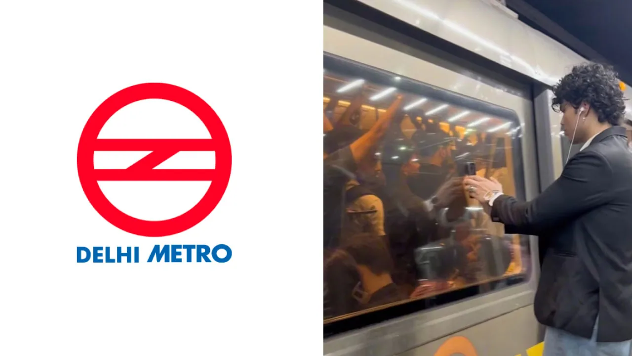 A mobile phone and a metro train as halftone cutouts, for the DMRC warning creators against attaching phones to moving Metro trains