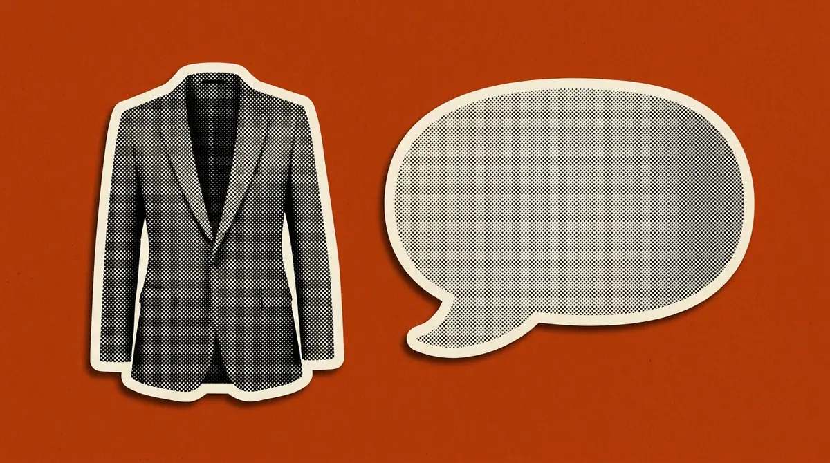 A tailored blazer and a speech bubble arranged as a paper cutout