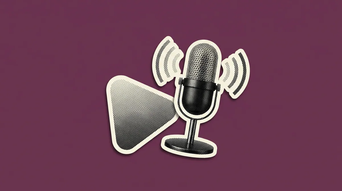 A podcast microphone beside a streaming play button, connected by a broadcast wave