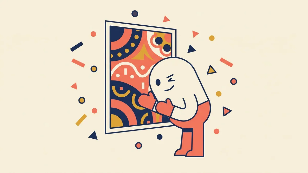 A flat vector character squinting closely at a poster, trying to work out how it was made