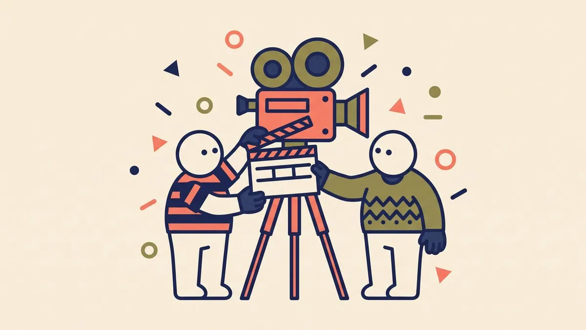 Two flat vector figures on either side of a film camera on a tripod, both holding the same clapperboard