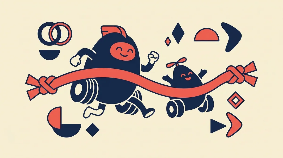 A character watching two racers of very different sizes cross a finish line at almost the exact same moment