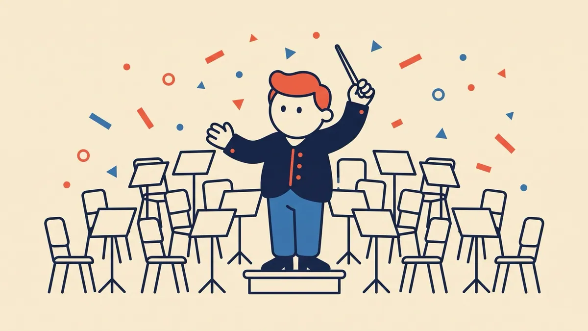 A flat vector character conducting an orchestra of empty chairs