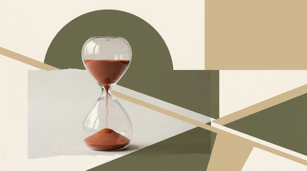 An hourglass filled with terracotta pigment set against bold flat olive and sand geometric shapes