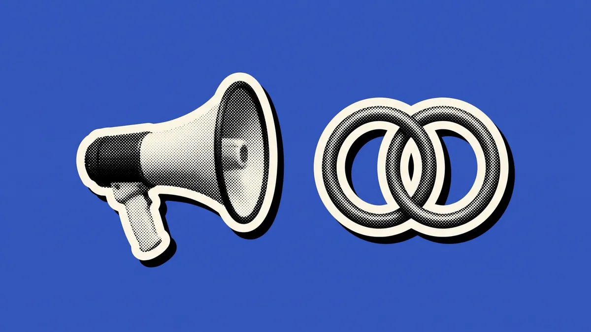 Halftone paper cutout of a megaphone and two interlocking rings on a saturated cobalt blue background, for the Echo Collective launch