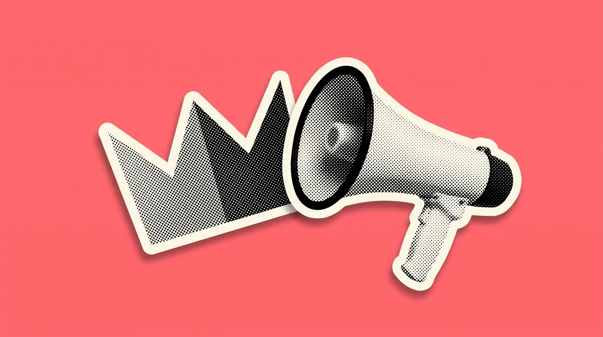 A halftone paper cutout of a paper crown and a megaphone on a flat coloured background