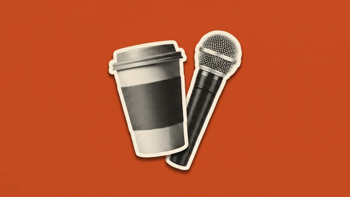 A halftone paper cutout of a takeaway coffee cup and a handheld microphone, on a flat burnt orange background