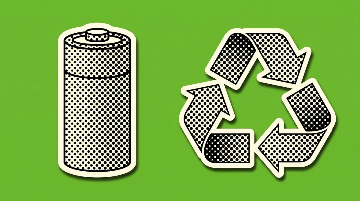 A halftone paper cutout of a battery and a recycling arrow loop on a flat coloured background
