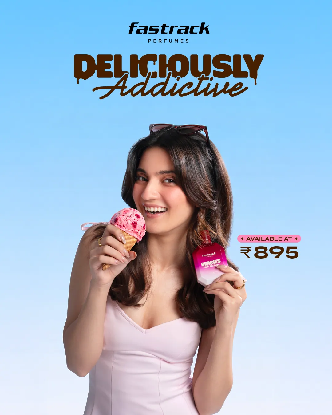 Pratibha Ranta with the Berries with Bestie bottle in the Fastrack Perfumes gourmand campaign