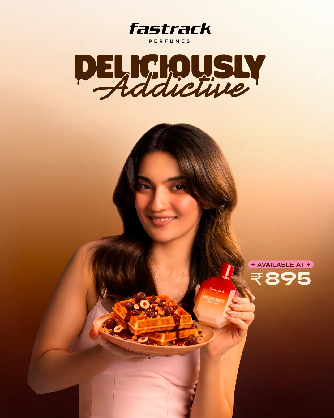 Pratibha Ranta with the Hazelnut Holidays bottle in the Fastrack Perfumes gourmand campaign