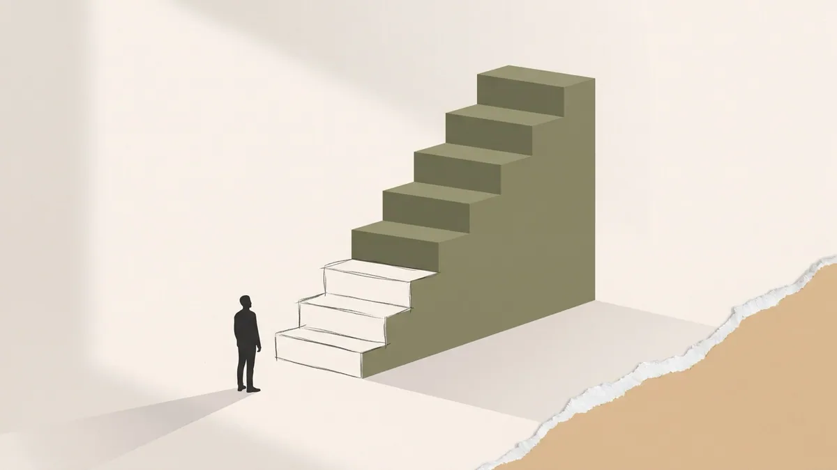 A small figure at the foot of an oversized staircase, the lowest steps drawn in pencil outline and the rest solid