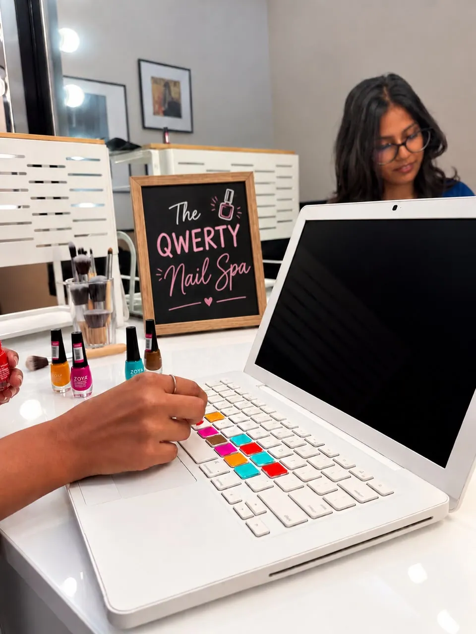 A laptop keyboard painted like a nail bar at the Home for Old Age Appliances activation