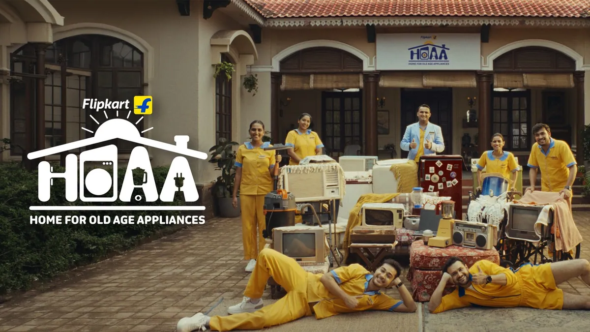 The staff and residents of the fictional Home for Old Age Appliances outside the house, from Flipkart's Big Billion Days film