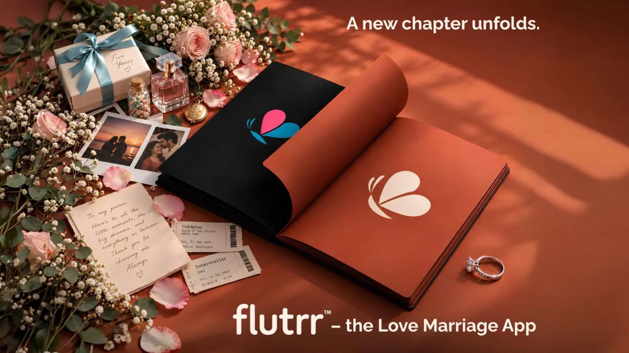 A blank smartphone beside a marigold garland, as halftone cutouts, for flutrr repositioning as The Love Marriage App