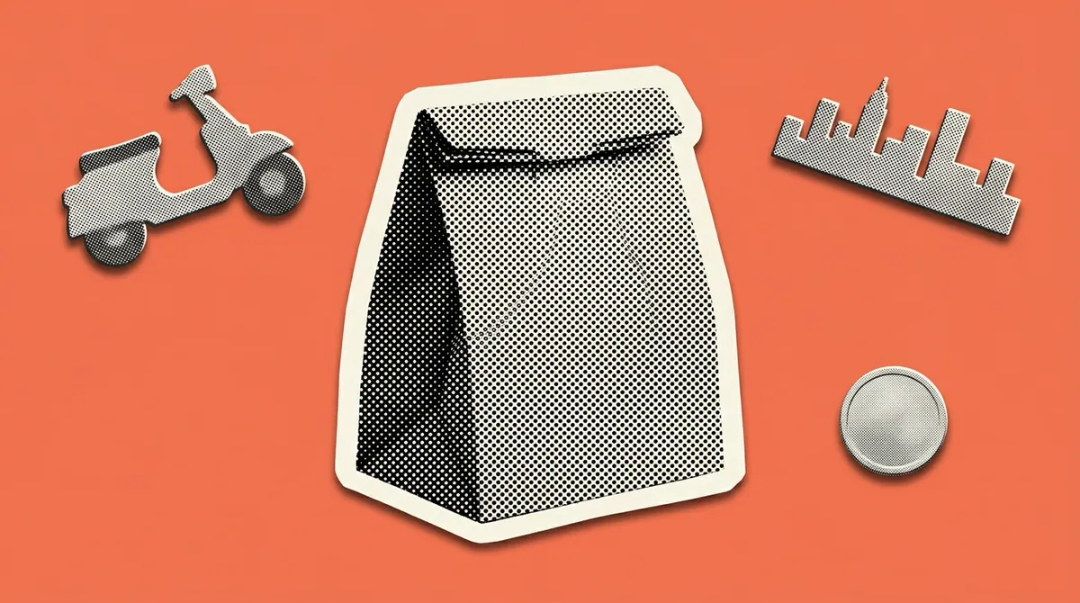 A food delivery bag against a city skyline