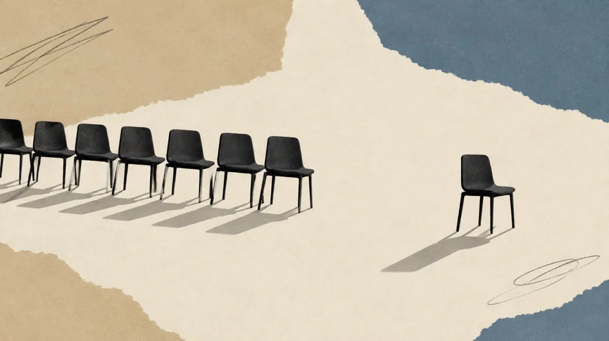 A single chair standing alone in open space where a row of identical chairs ends