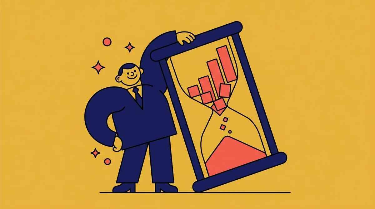 A character tilting a giant hourglass whose falling sand turns into a rising bar chart