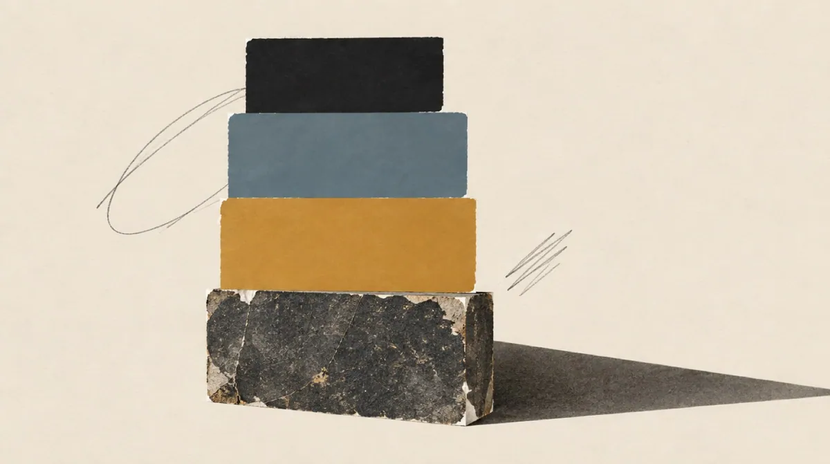 A set of stacked blocks of different colours where the bottom block is much older and worn than the ones above it