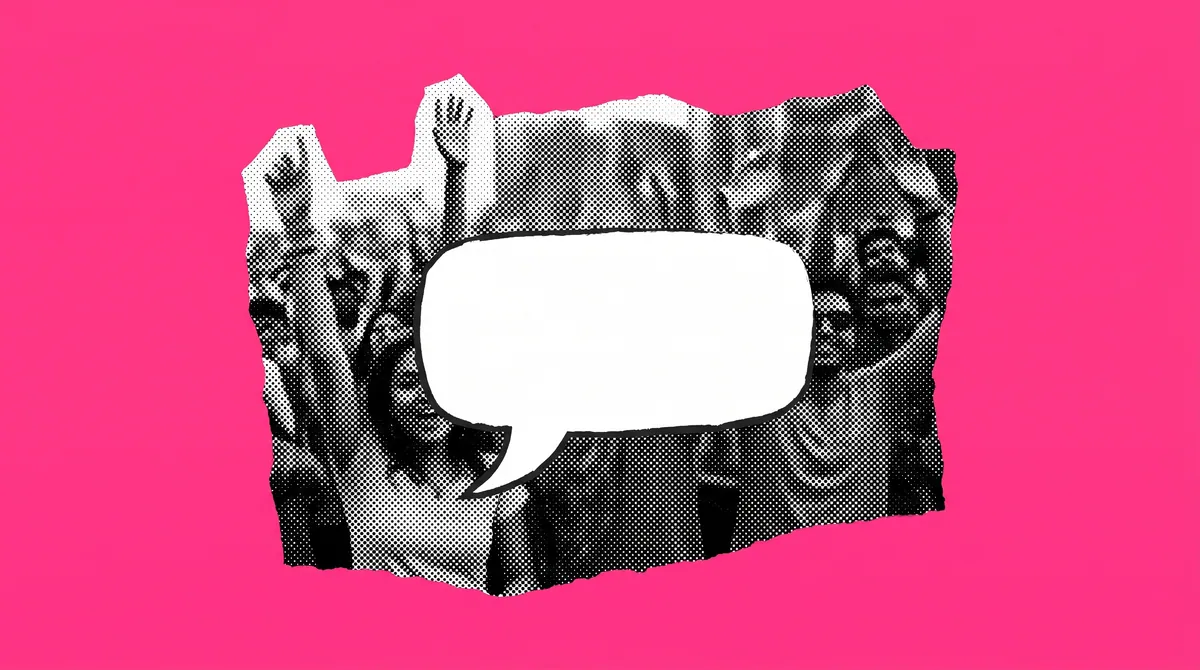 A halftone collage of a crowd of young people with raised arms at a live event, beside a blank speech bubble on a flat pink background