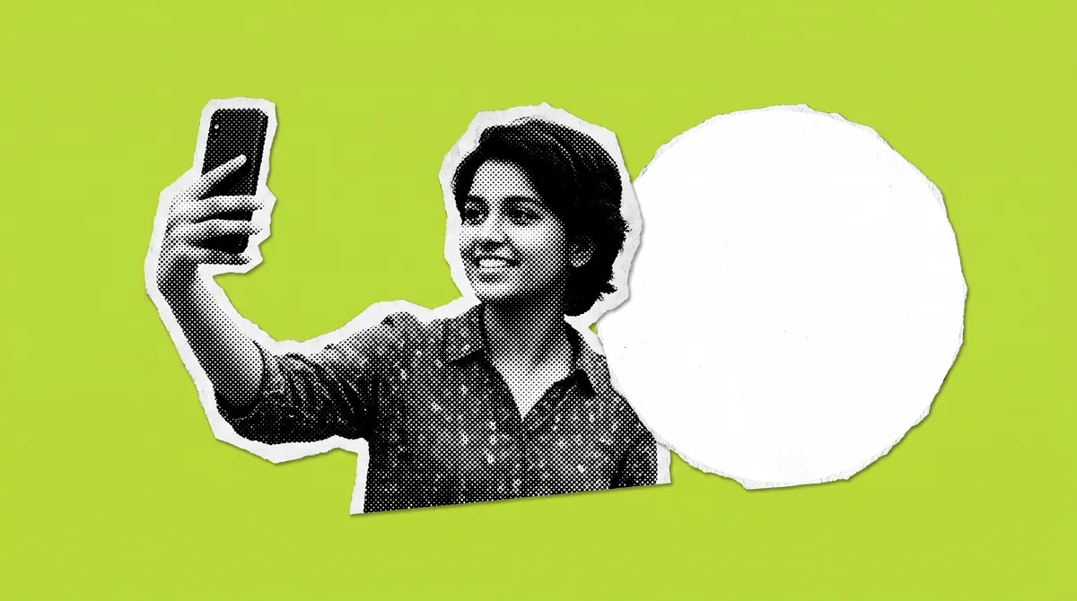 A halftone collage of a young person filming themselves on a phone, beside a blank circular badge on a flat green background