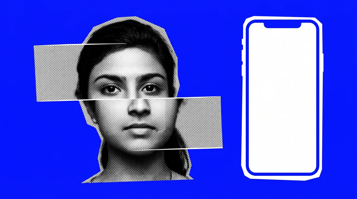 A halftone collage of a young person’s face, offset in two bands, beside a blank smartphone on a flat blue background