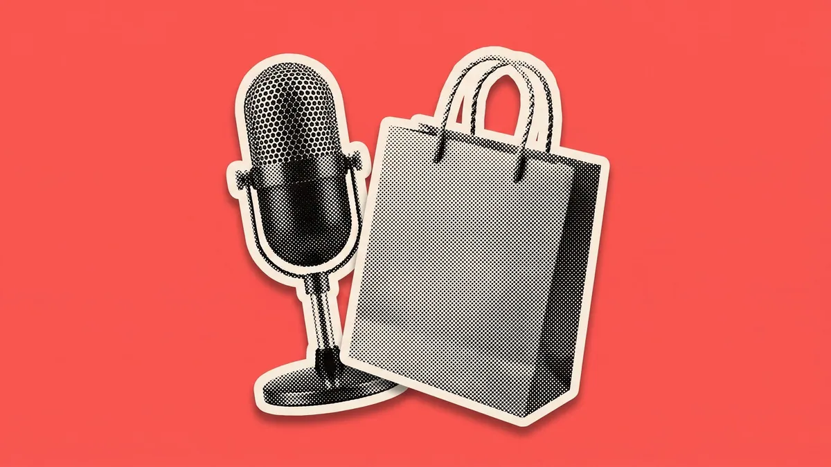 A halftone paper cutout of a microphone and a smartphone on a flat coloured background