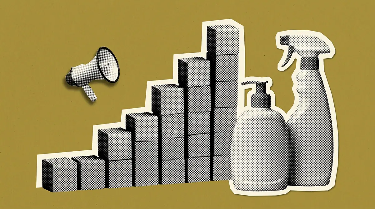 A rising bar chart beside household consumer product bottles