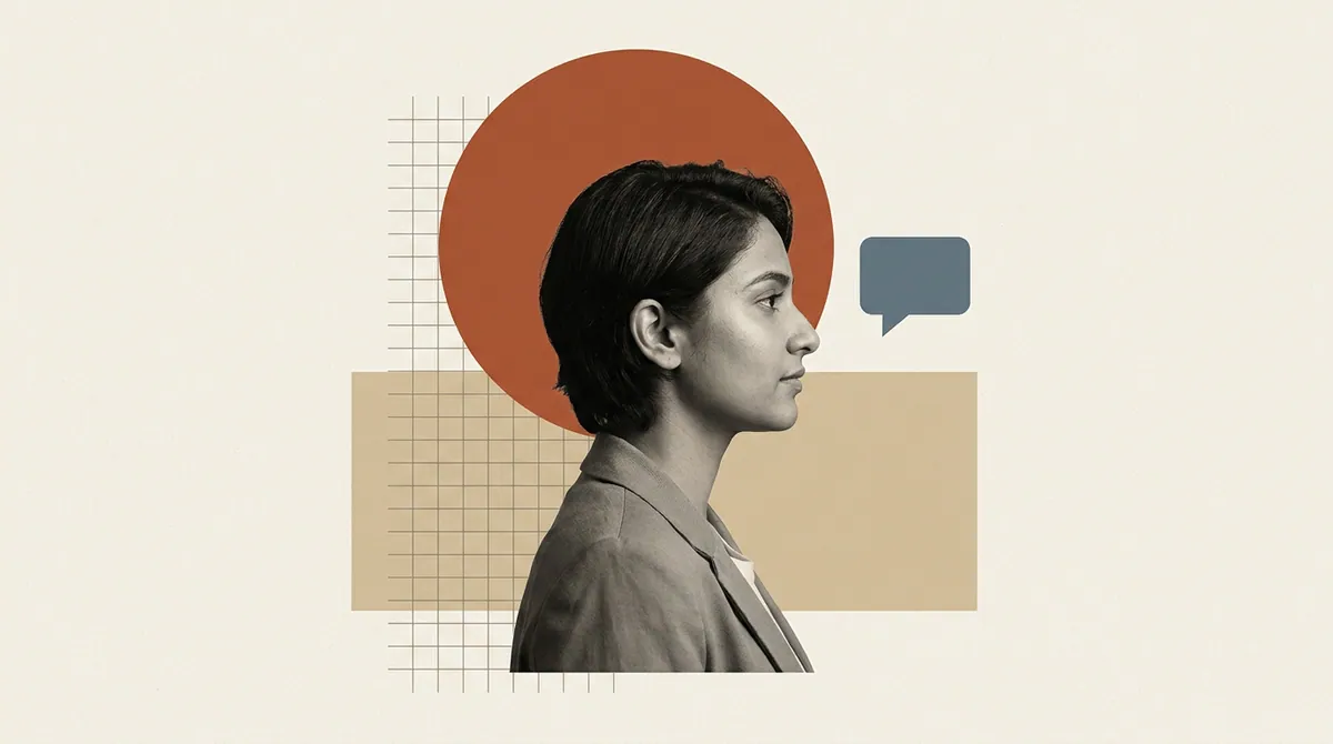 A young professional's profile portrait set against a bold terracotta circle and sand geometric shapes
