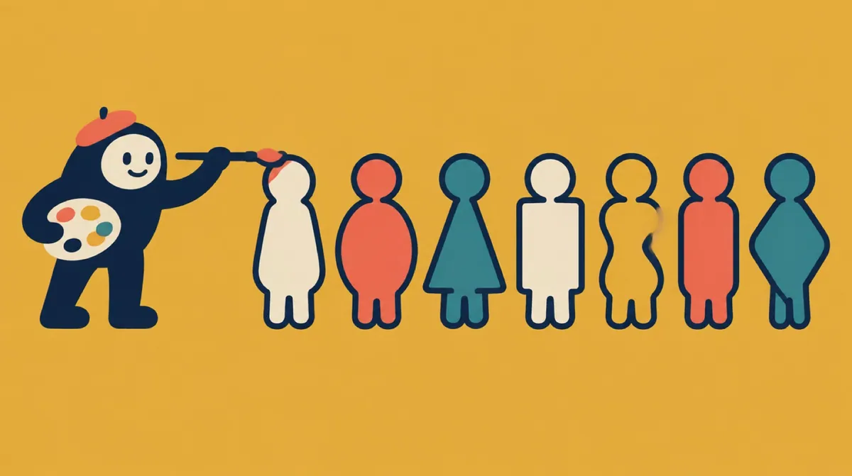 A flat vector character painting over a row of identical figures to make each one different