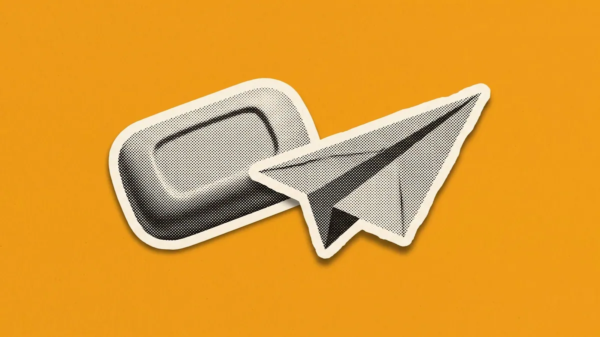 A halftone paper cutout of a bar of soap and a folded paper aeroplane, on a flat amber background