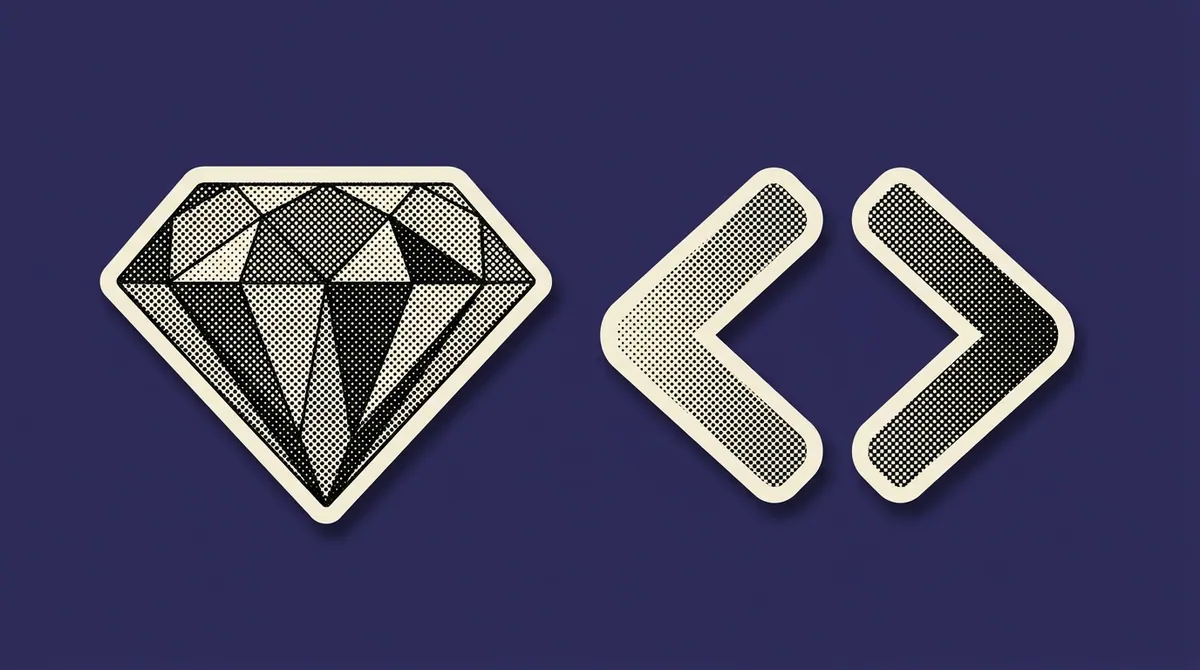 A geometric gemstone icon beside a code bracket symbol