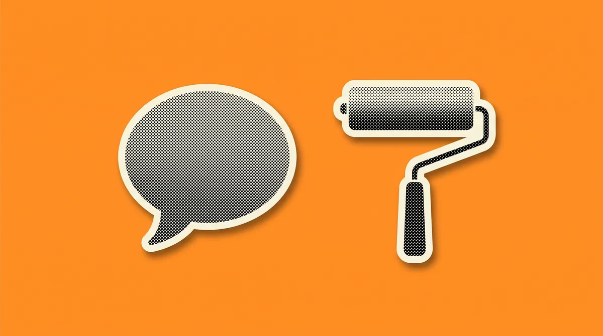 A halftone paper cutout of a speech bubble and a paint roller on a flat coloured background