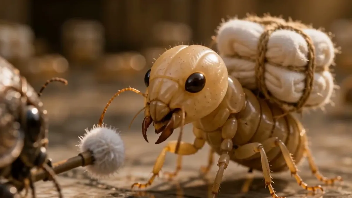 A CGI termite carrying a bundle being interviewed by another termite holding a fluffy microphone, from the Greenply film