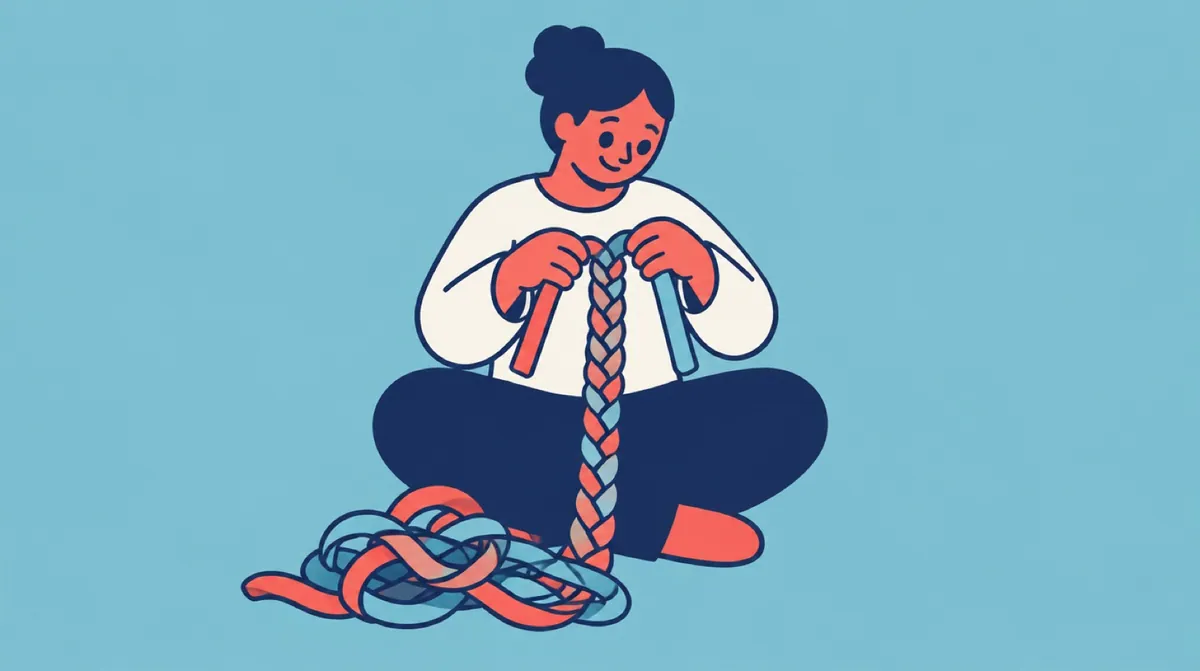 A flat vector character stitching two different coloured ribbons into a single braid