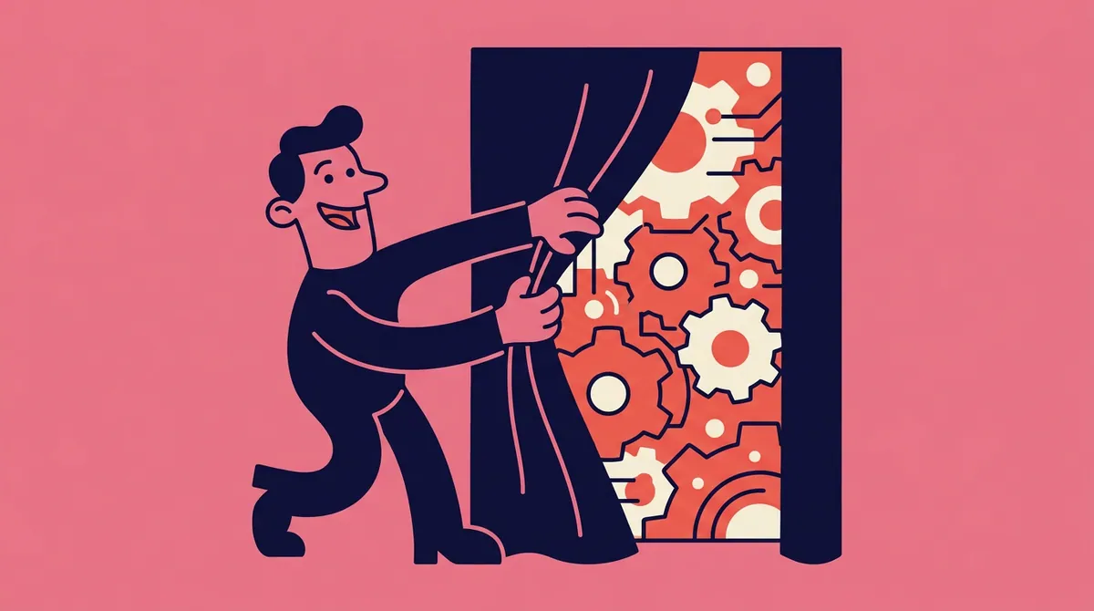 A character pulling back a curtain to reveal gears and circuit shapes behind it