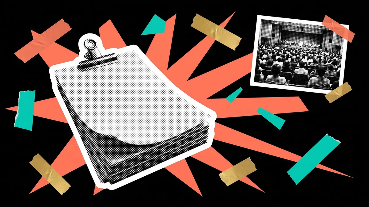 A clipped stack of papers bursts outward in coral rays beneath a small photograph of a full hall