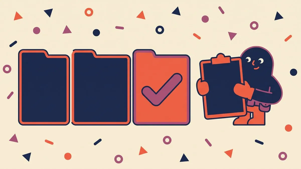 A flat vector character holding a clipboard beside three folder shapes, the third one marked with a large tick