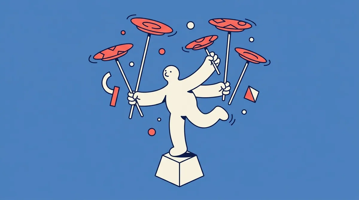 A character balancing several spinning plates on poles