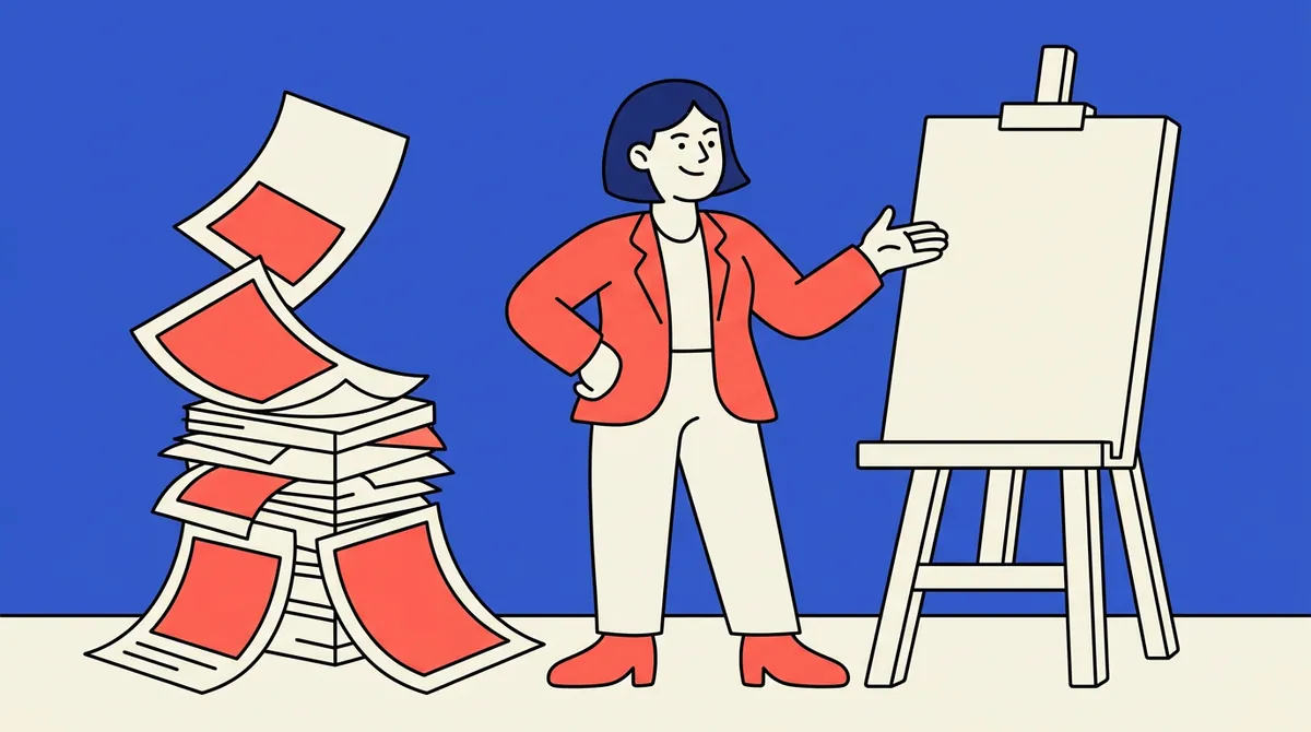 A character confidently presenting one poster on an easel with a large pile of extra posters discarded behind them