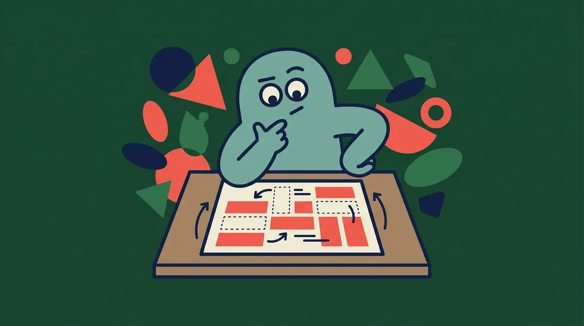 A character watching a document on a table slowly rearrange its own blocks of colour without being touched