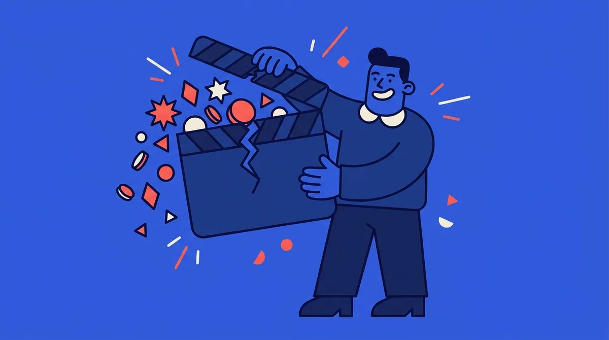 A character holding a cracked film clapperboard spilling out spark shapes