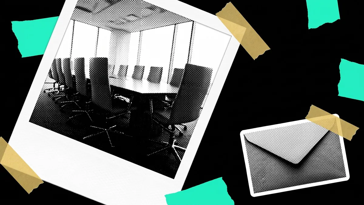 A tilted photograph of an empty boardroom beside one small sealed envelope on a black ground