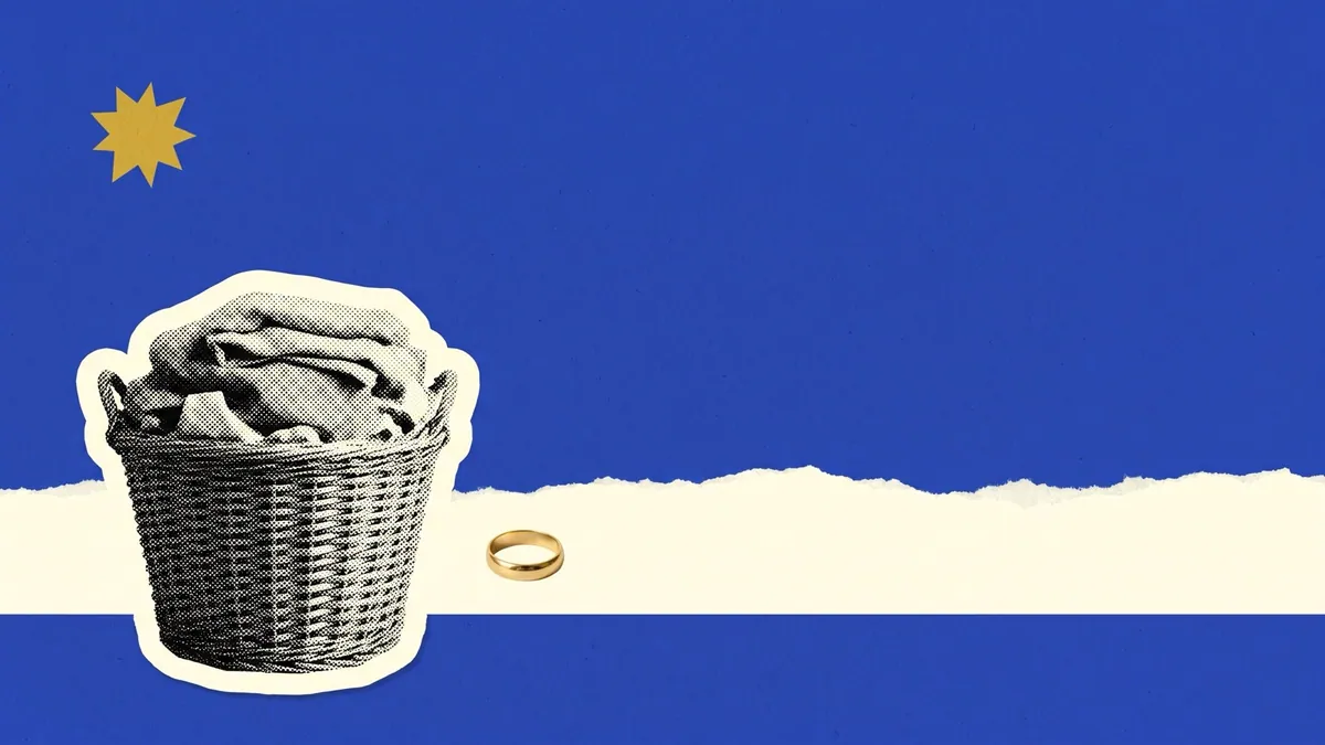 Halftone collage of a laundry basket and a wedding ring on charcoal, for Ariel’s Share the Load campaign