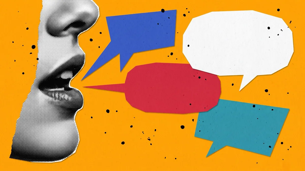 A halftone mouth in profile with several differently shaped cut-paper speech bubbles emerging, on a saturated amber ground